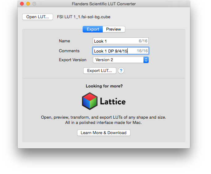 LUT export options